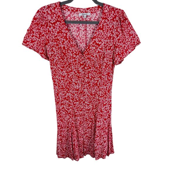 Madewell Red White Floral Daisy Short Sleeve V-Neck Button Down Mini Sun Dress 4 - Picture 4 of 9